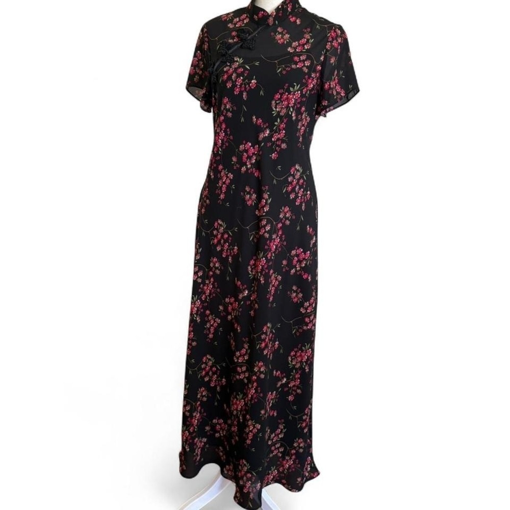Vintage French‎ Twist Size 9/10 Black Floral Cheongsam Maxi Qipao Dress Chiffon